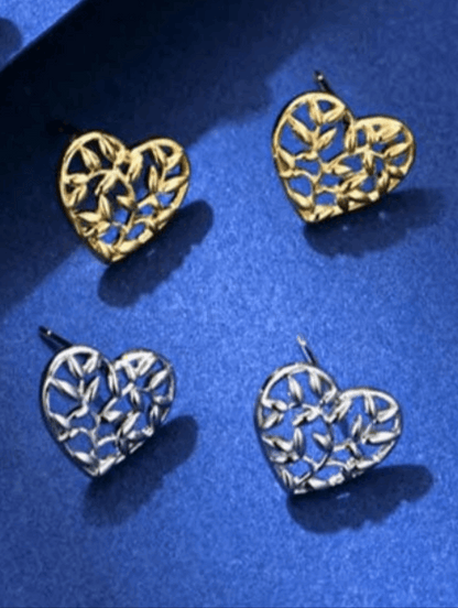 Silver & Gold Coloured Heart Shaped Olive Detail and Olive Branch Detail Stud Earrings - MAZAROMA