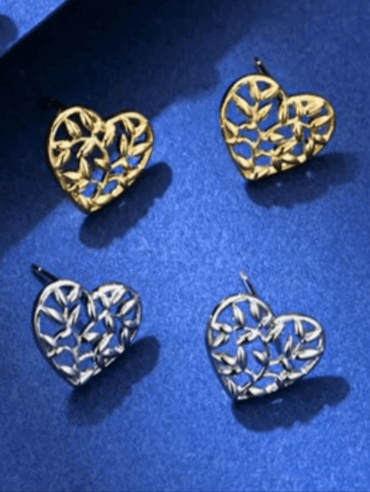 Silver & Gold Coloured Heart Shaped Olive Detail and Olive Branch Detail Stud Earrings - MAZAROMA