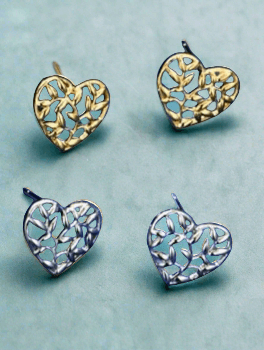 Silver & Gold Coloured Heart Shaped Olive Detail and Olive Branch Detail Stud Earrings - MAZAROMA