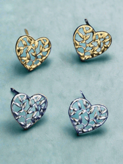 Silver & Gold Coloured Heart Shaped Olive Detail and Olive Branch Detail Stud Earrings - MAZAROMA