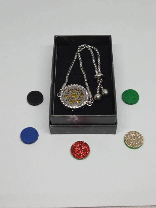 Silver coloured perfume diffuser bracelet with diamanté face in love hearts design - MAZAROMA