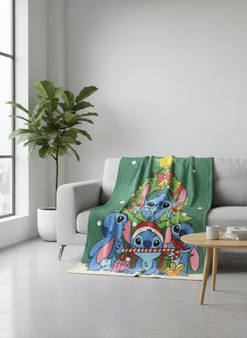 Christmas Themed Lilo & Stitch Soft Fleece Blanket in Green - MAZAROMA