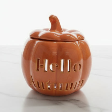 Halloween Pumpkin Ceramic Tealight Wax Melt/Oil Warmer with 'Hello Autumn' Detail - MAZAROMA