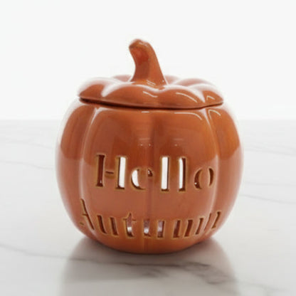 Halloween Pumpkin Ceramic Tealight Wax Melt/Oil Warmer with 'Hello Autumn' Detail - MAZAROMA