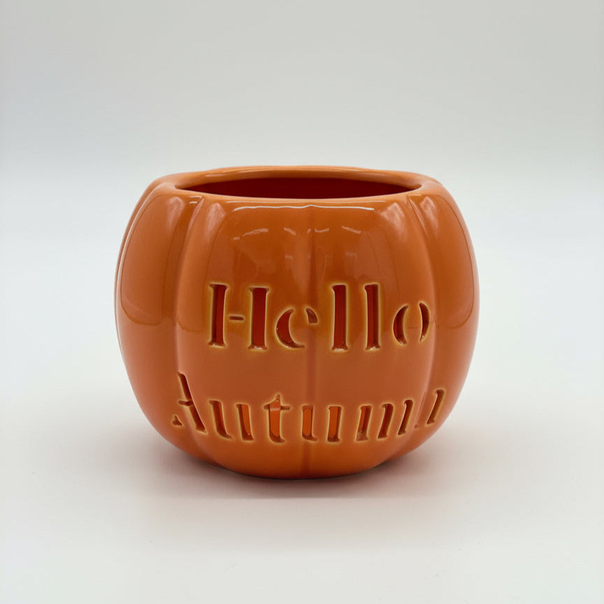 Halloween Pumpkin Ceramic Tealight Wax Melt/Oil Warmer with 'Hello Autumn' Detail - MAZAROMA